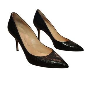Casadei Heels Womens 6 Black Leather Snake Skin Stiletto Pumps Pointed Toe Italy